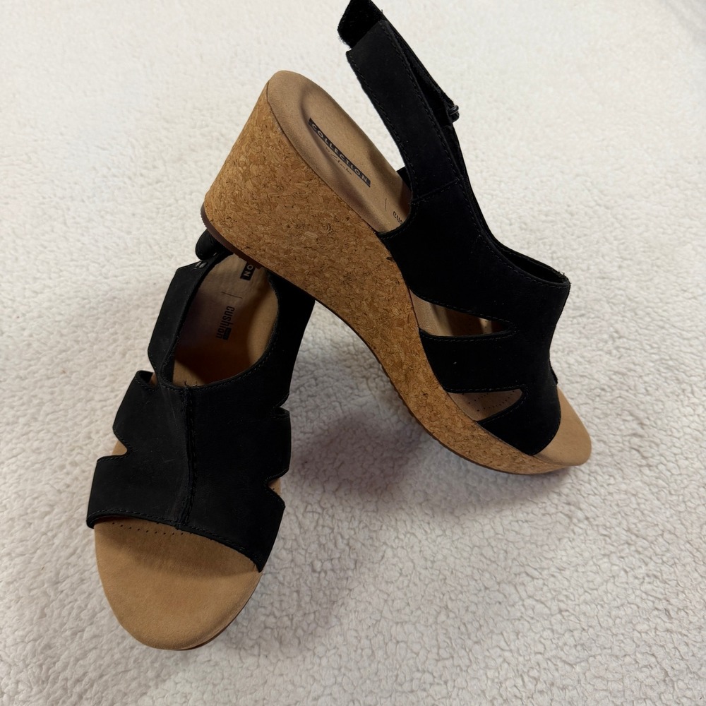 Clarks Wedge Sandals Women 10 Black Good Cork Platform Nubuck